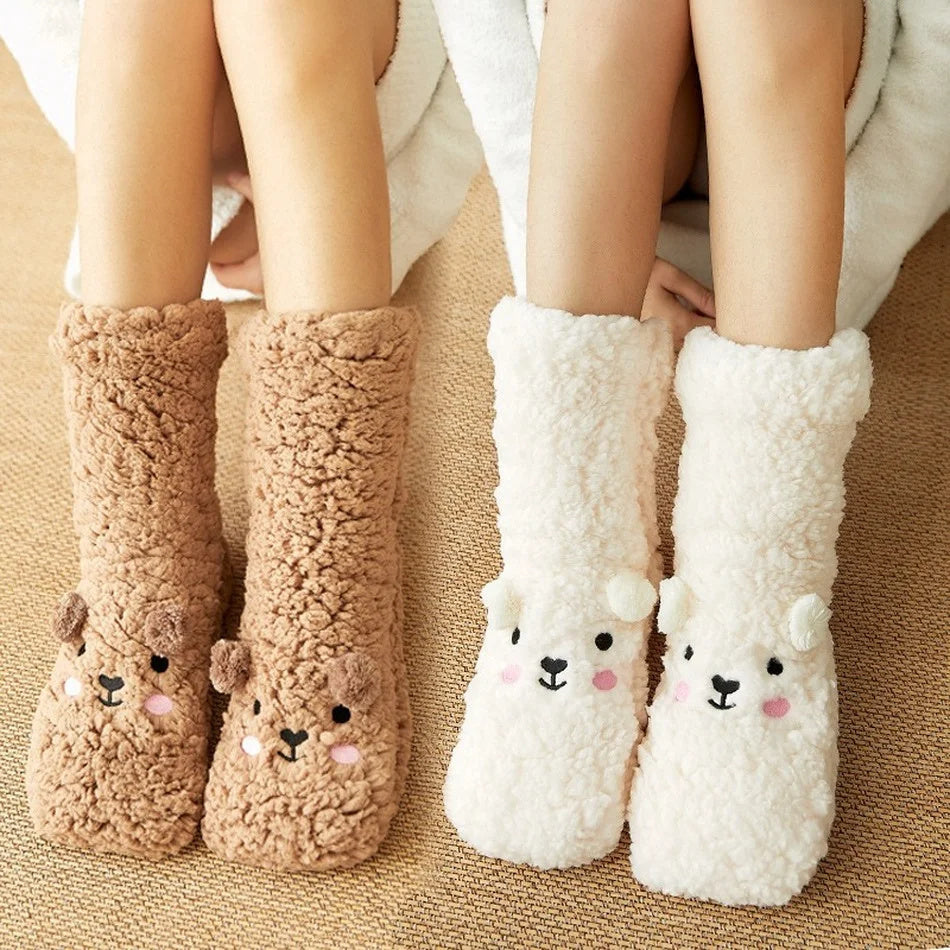 Cute Cartoon Bear Fuzzy Socks for Women - Soft Warm Winter Slipper Socks