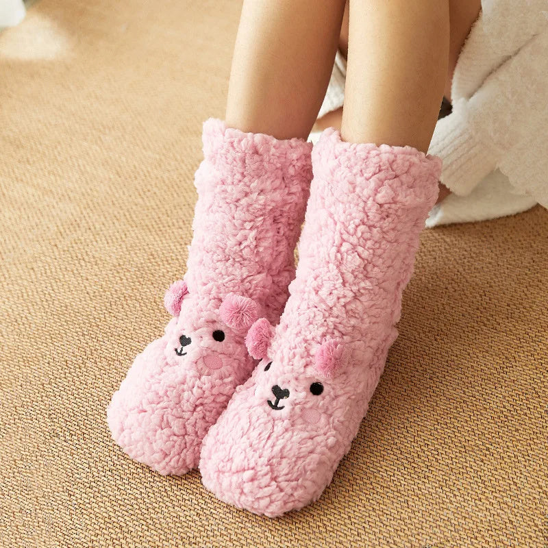 Cute Cartoon Bear Fuzzy Socks for Women - Soft Warm Winter Slipper Socks