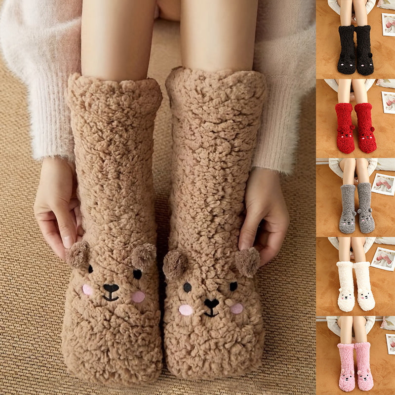 Cute Cartoon Bear Fuzzy Socks for Women - Soft Warm Winter Slipper Socks