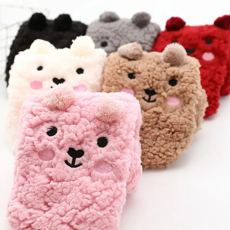 Cute Cartoon Bear Fuzzy Socks for Women - Soft Warm Winter Slipper Socks