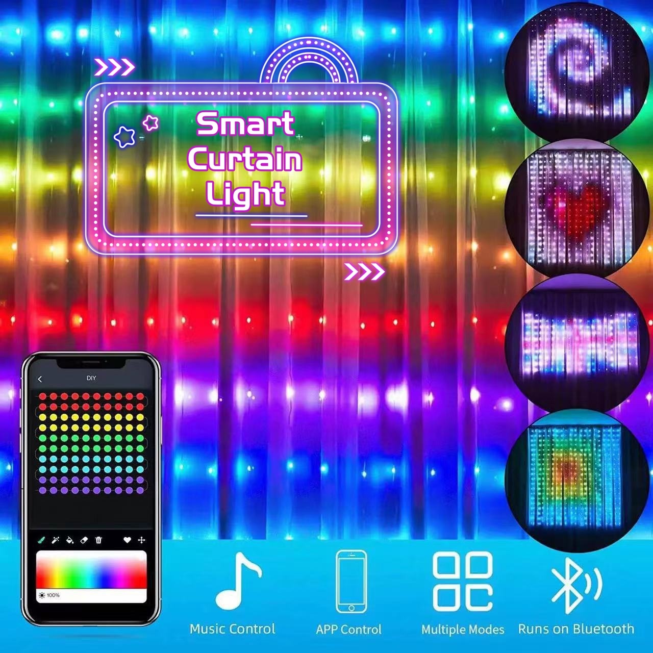 Smart LED RGB Curtain String Lights - Bluetooth APP Control