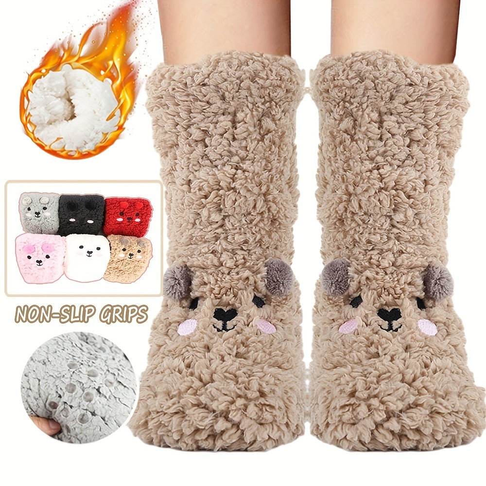 Cute Cartoon Bear Fuzzy Socks for Women - Soft Warm Winter Slipper Socks