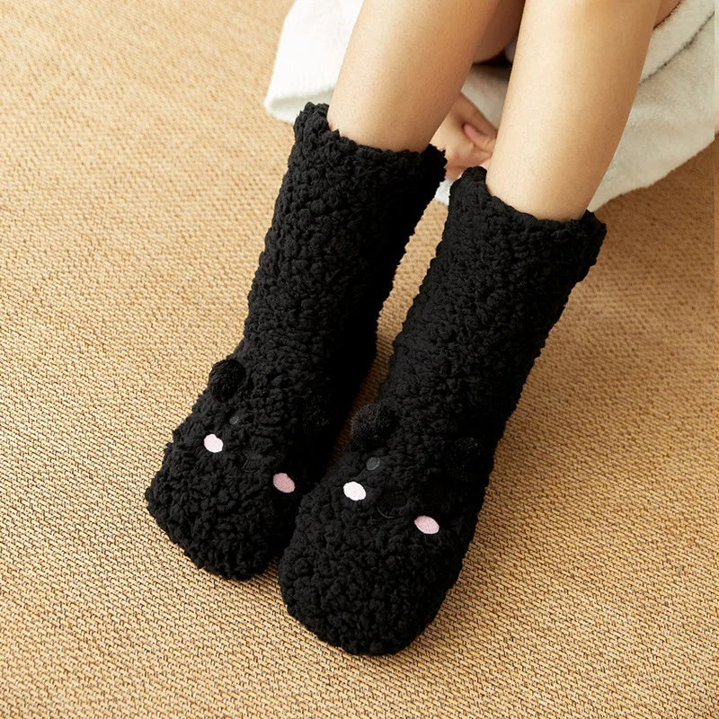 Cute Cartoon Bear Fuzzy Socks for Women - Soft Warm Winter Slipper Socks