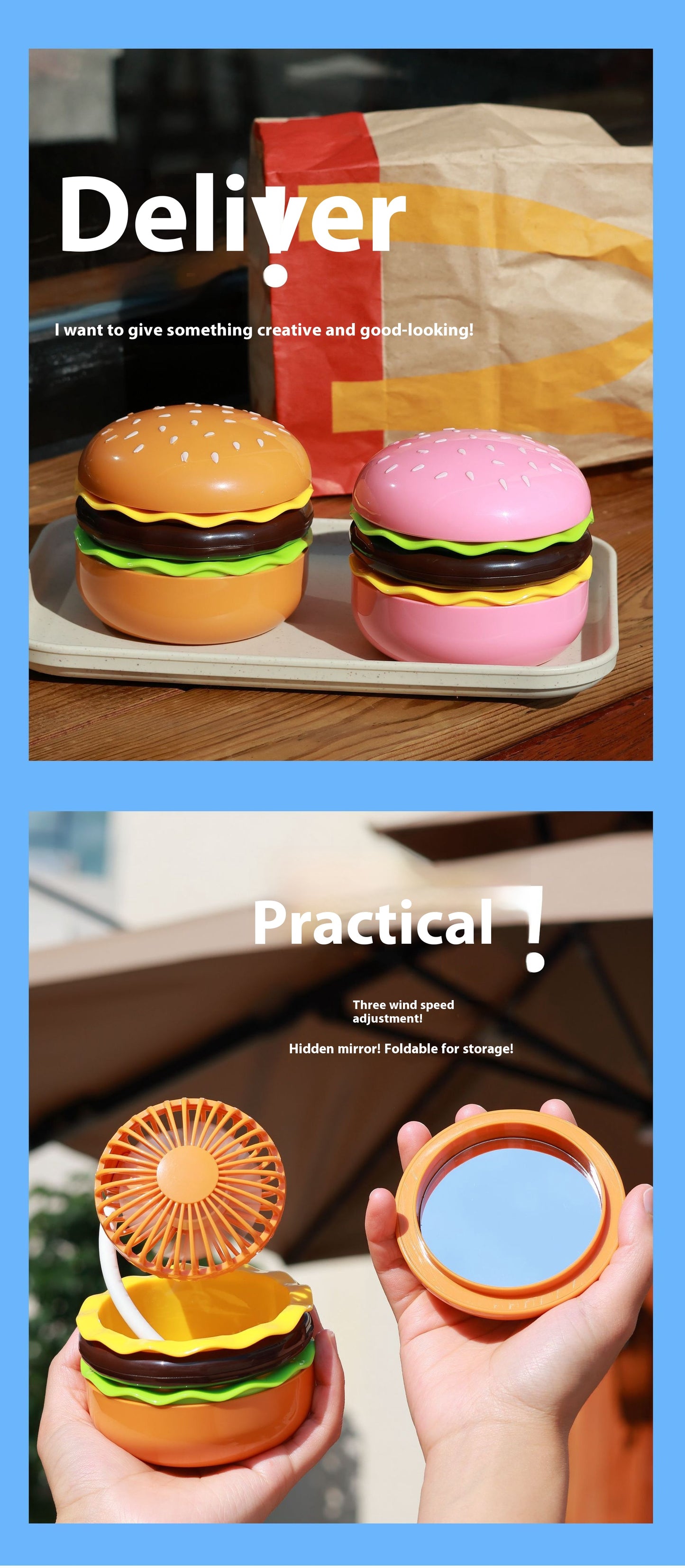 Hamburger Fan - USB Charging Belt Cosmetic Mirror Portable