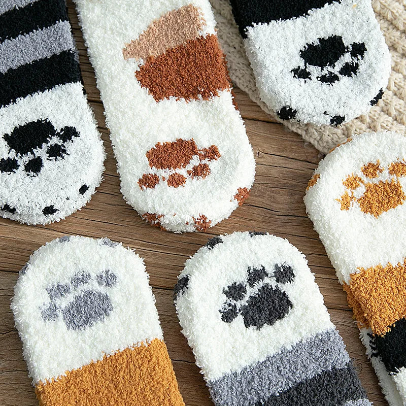 Autumn Winter Coral Velvet Socks Cute Cat Claw Socks For Women Children Girls