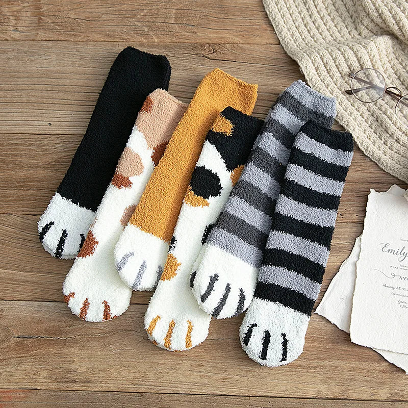 Autumn Winter Coral Velvet Socks Cute Cat Claw Socks For Women Children Girls