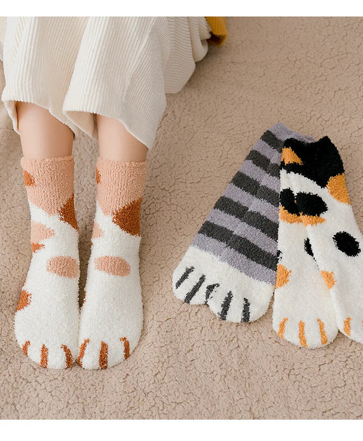 Autumn Winter Coral Velvet Socks Cute Cat Claw Socks For Women Children Girls