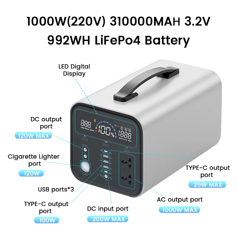 Portable Power Station 1000W Solar Generator 320000mAh 992Wh Lifepo4 Battery Energy Storage Supply Camping Campervan RV Outdoor