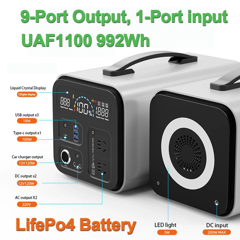 Portable Power Station 1000W Solar Generator 320000mAh 992Wh Lifepo4 Battery Energy Storage Supply Camping Campervan RV Outdoor