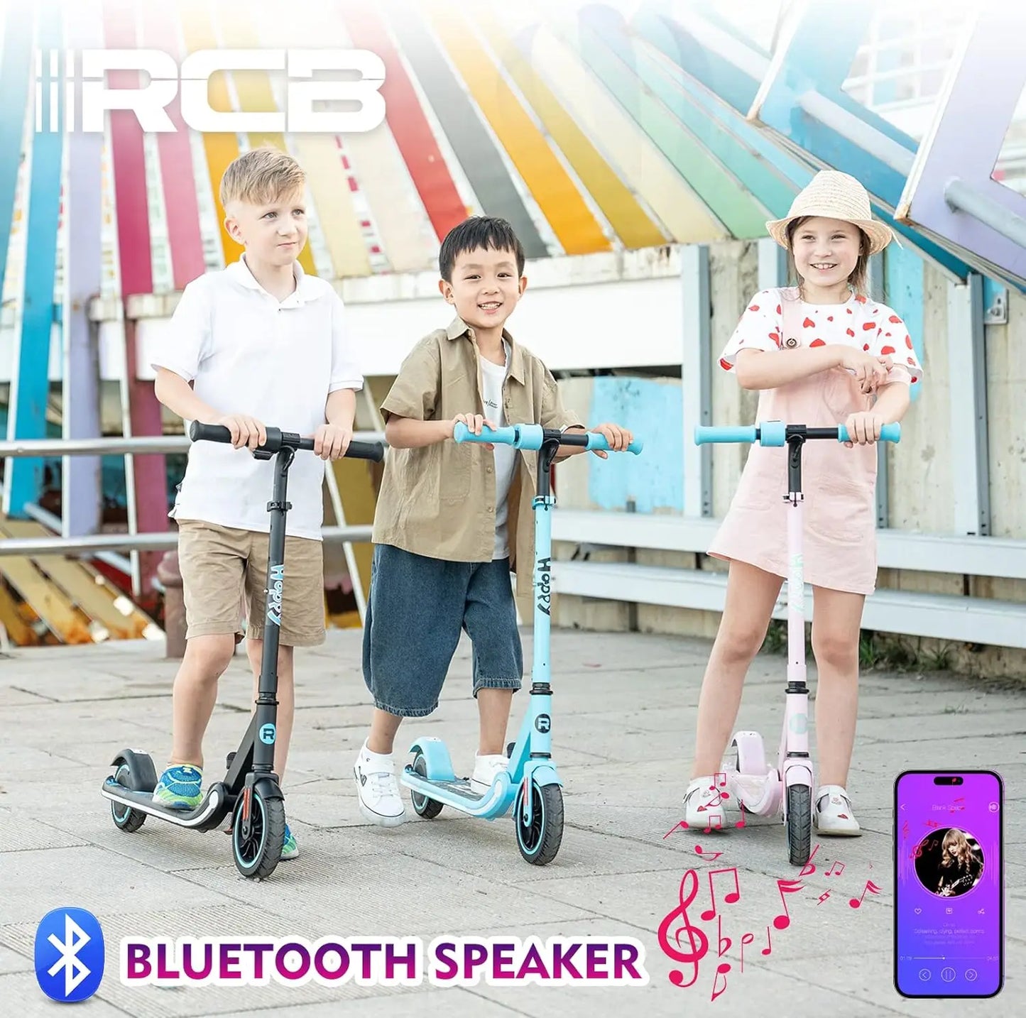 Electric Scooter for Kids, 150W Motor - Max 9.3mph - Bluetooth Speaker - Colorful LED Lights - Foldable - LED Display