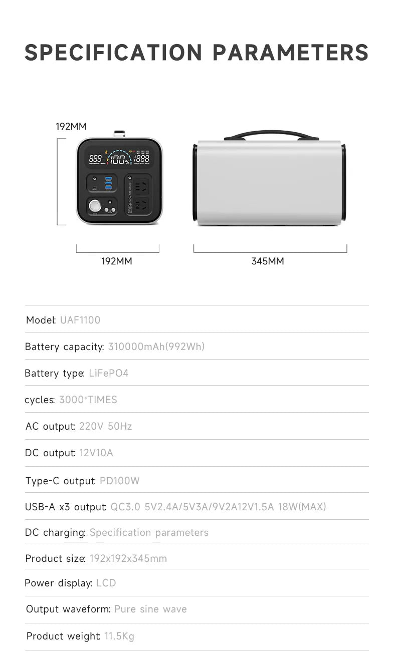 Portable Power Station 1000W Solar Generator 320000mAh 992Wh Lifepo4 Battery Energy Storage Supply Camping Campervan RV Outdoor