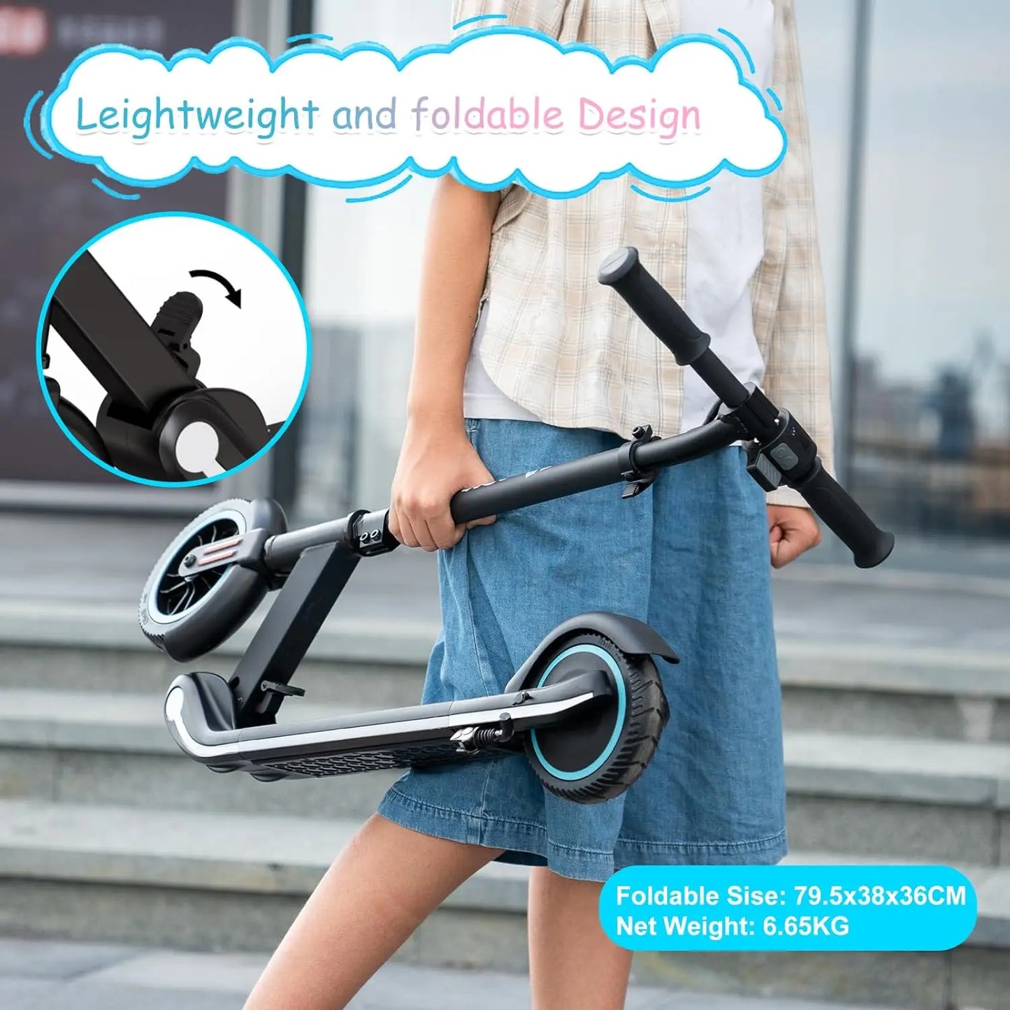 Electric Scooter for Kids, 150W Motor - Max 9.3mph - Bluetooth Speaker - Colorful LED Lights - Foldable - LED Display