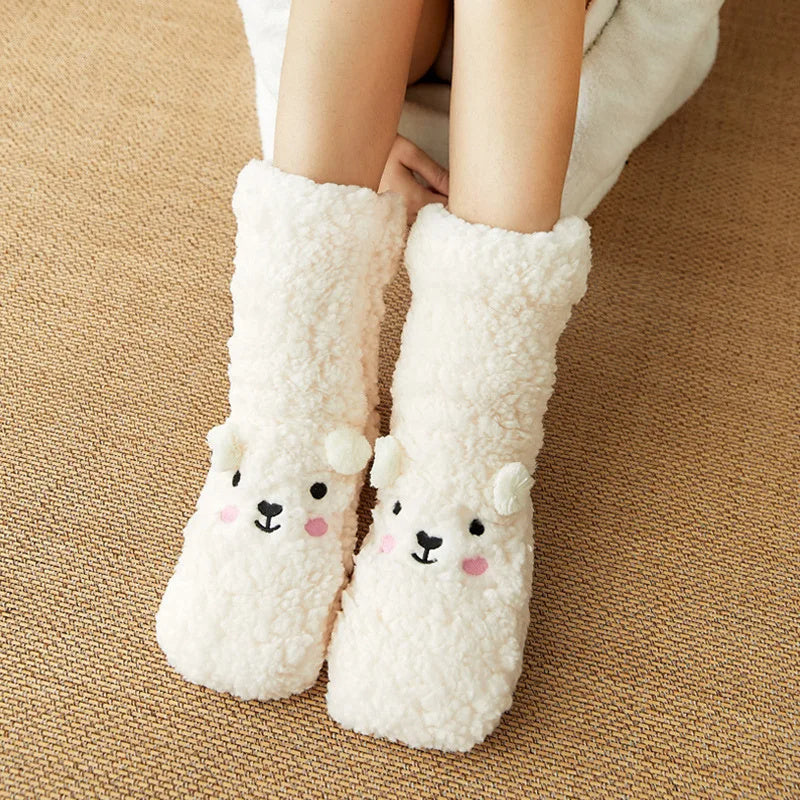 Cute Cartoon Bear Fuzzy Socks for Women - Soft Warm Winter Slipper Socks