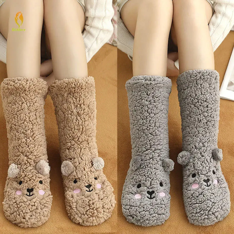 Cute Cartoon Bear Fuzzy Socks for Women - Soft Warm Winter Slipper Socks