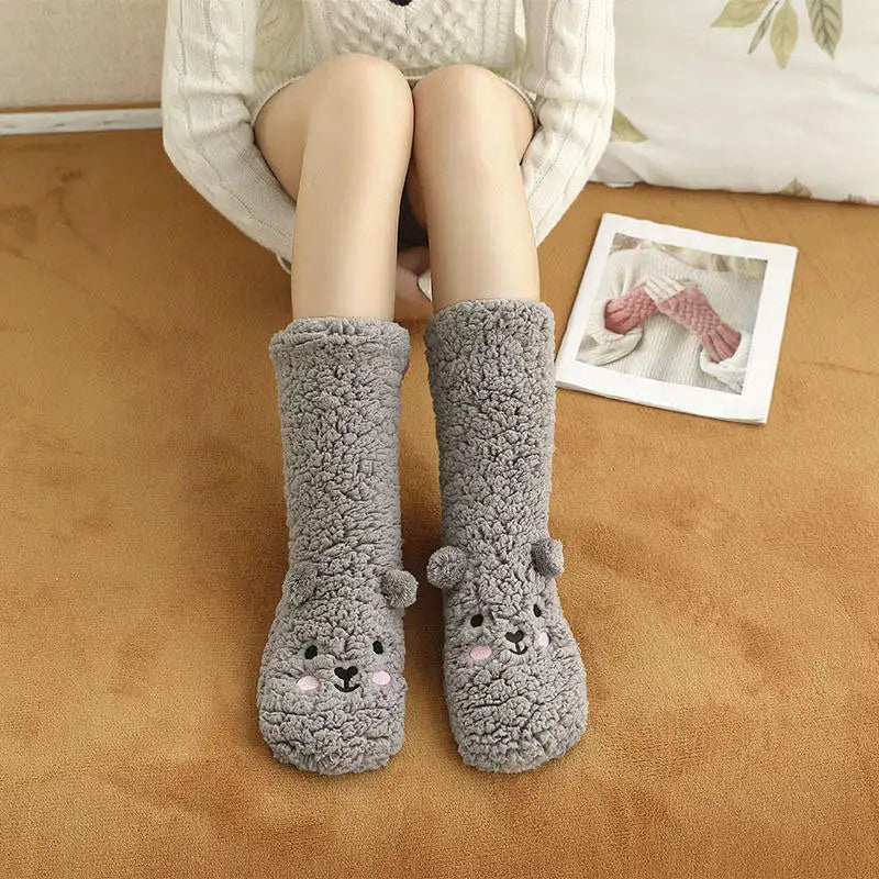 Cute Cartoon Bear Fuzzy Socks for Women - Soft Warm Winter Slipper Socks