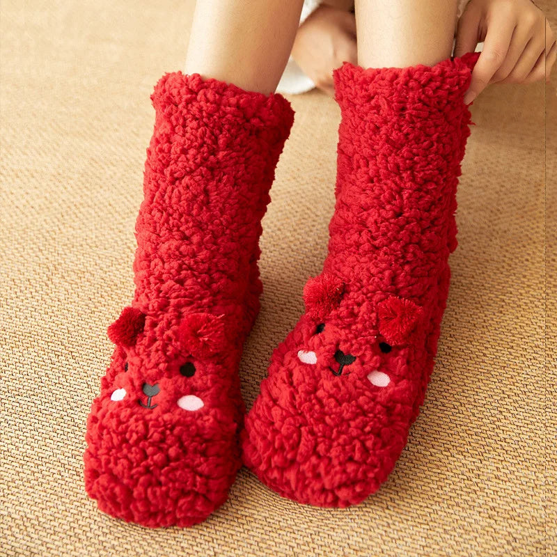 Cute Cartoon Bear Fuzzy Socks for Women - Soft Warm Winter Slipper Socks