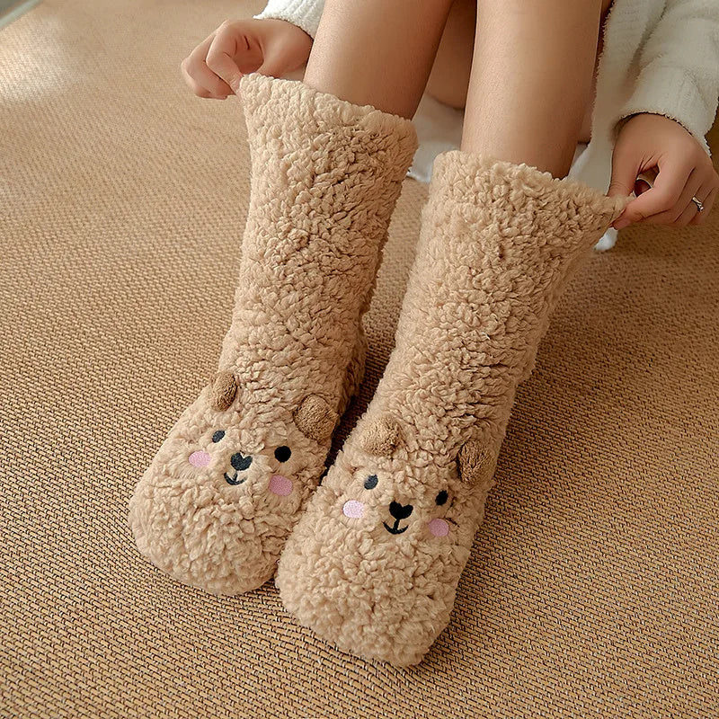 Cute Cartoon Bear Fuzzy Socks for Women - Soft Warm Winter Slipper Socks